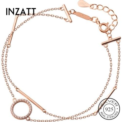 INZATT Real 925 Sterling Silver Geometric Zircon Round Bracelet For Charming Women Party Cute Double Chain Fine Jewelry 2019