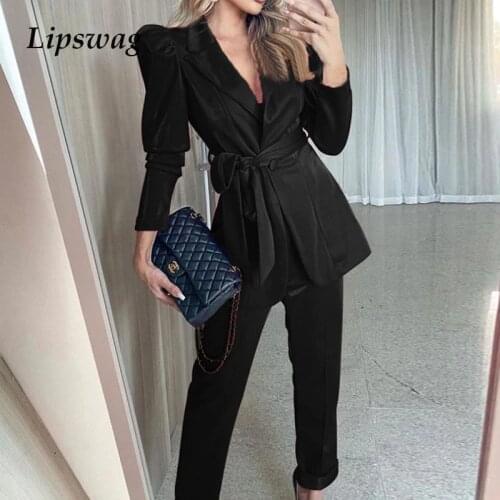 Elegant Chic Women Sets 2021 Spring Fashion Turn-down Collar Lace-up Belt Blazers And Pants Outfit Office Ladies Fashion Suits
