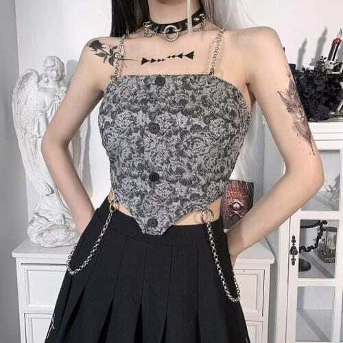 Mall Gothic Vintage Tank Top Harajuku Dress Female Sexy Iron Chain Strap False Cardigan Dark Flower Print Tube Tops Alt Cloth