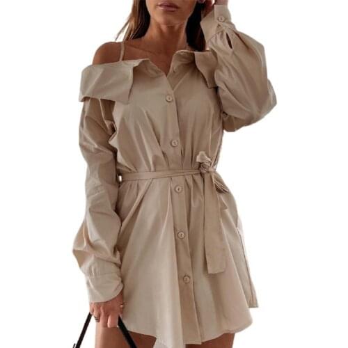 New Women Casual Solid A-line Single Breasted Sashes Turn-down collar Shirt Dress Off Shoulder Spaghetti Strap Long Sleeve Dress