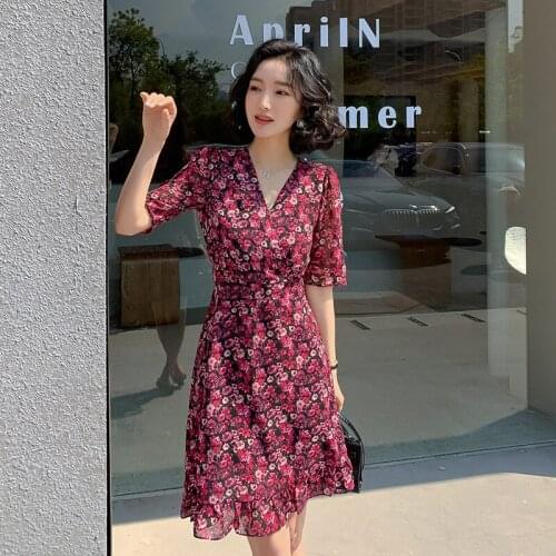 Retro Flower Dress Women Slim V-neck Chiffon Dress Women For Summer Sexy Short Dresses Womens Elegant Plus Size Ladies Dress 2xl