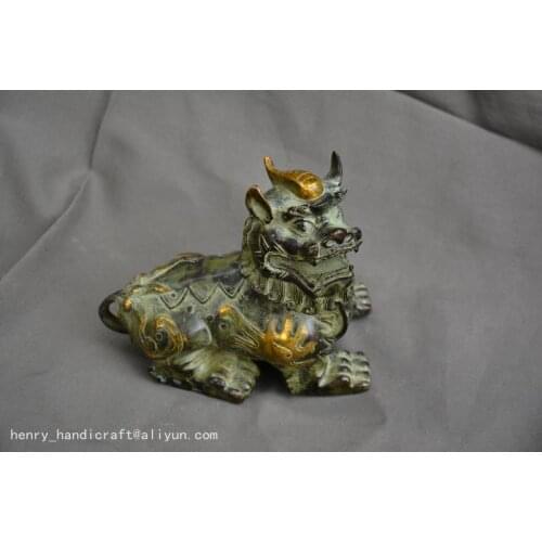 Antiques Art Collection Old Chinese 18C Gilded bronze carving Unicorn Statue/ Sculpture, best adornment,free shipping