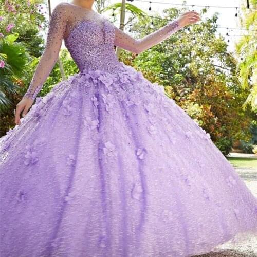 Sparkly Lilac Quinceanera Dresses 2021 Long Sleeve Lace 3D Flowers Sequins Beads Rhinestone Princess Party Sweet 15 Ball Gown