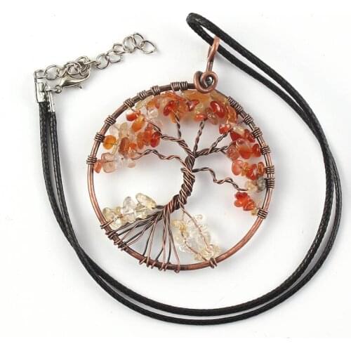 FYSL Copper Wire Wrap Tree of Life Red Agates Pendant Rope Chain Necklace Green Aventurine Jewelry
