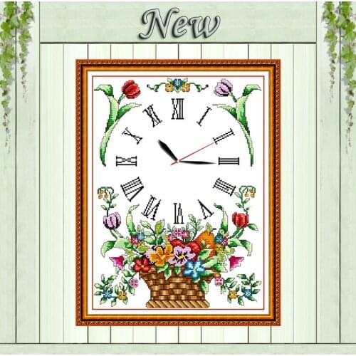 Flower basket clock decor paintings counted printed on canvas DMC 14CT 11CT Chinese Cross Stitch Needlework Sets Embroidery kits