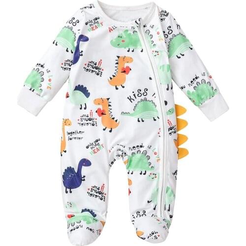 Newborn Girls Boys Dinosaur Print Zipper Romper Long Sleeve O Neck Footwear Autumn Infant Toddler Rompers Jumpsuits 0-12M
