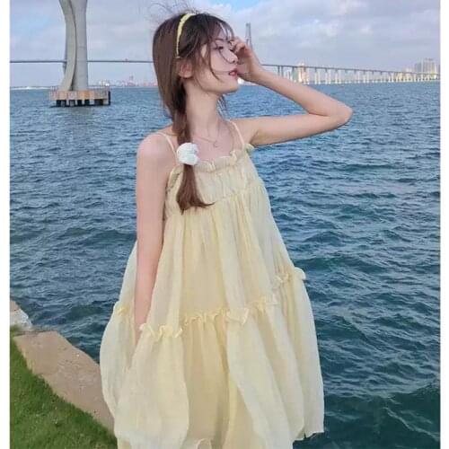 Kawaii Sweet Women Dress Fluffy Yellow Suspender Dress Summer Princess Dress Casual Daily Dating Party New Arrival
