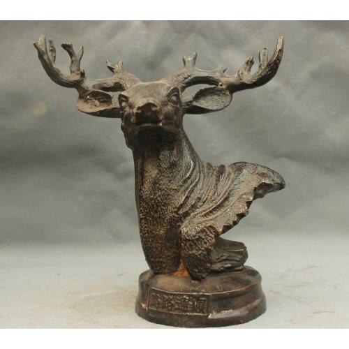 7'' China Animal Deer head Lucky Bronze Statue