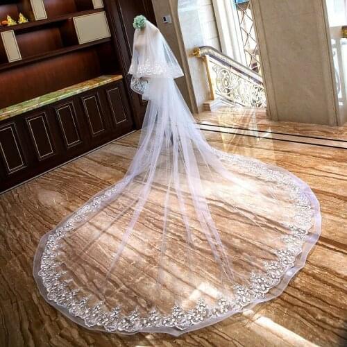 New 3M 2Tier White Ivory Wedding Veil Cathedral Length Lace Appliques Bridal Long With Comb Hair Accessory Custom Made Veils