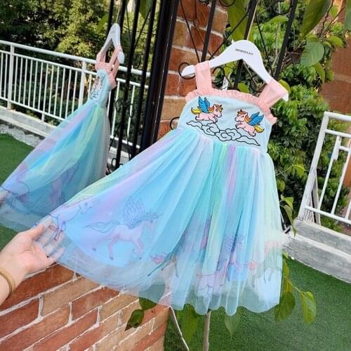 Summer Girls Princess Dress 2021 New Cartoon Unicorn Flower Kids Party Clothes for 2 3 4 5 6 7 Year Toddlers Children Outfits