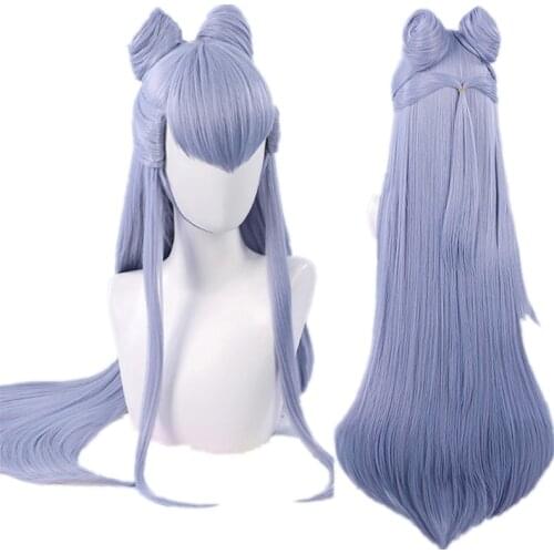 LOL KDA The Baddest Evelynn Light Purple with Bun Long Synthetic Hair Carnival Halloween Party Role Play Cosplay + Wig Cap