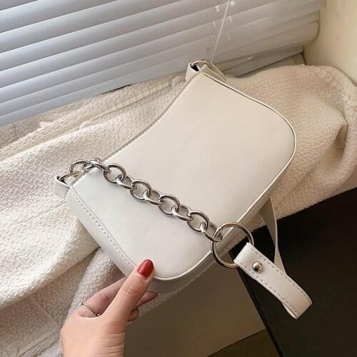 Cute Solid Color Chain Small PU Leather Baguette Shoulder Bags for Women 2021 Summer Simple Handbags and Purses Female Totes