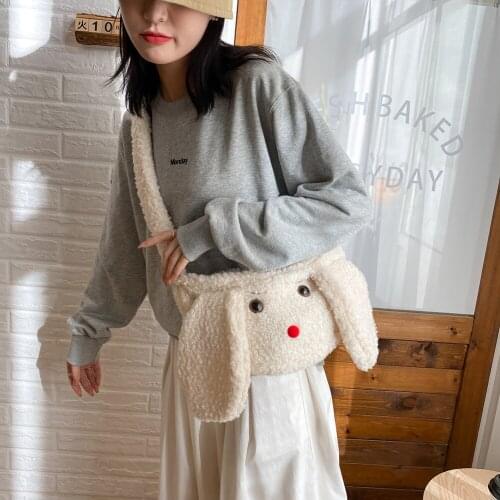 Fashion Rabbit Shaped Messenger Purse Girls Shoulder School Bag Cute Fleece Tote Popular Simple Female Daily Bag
