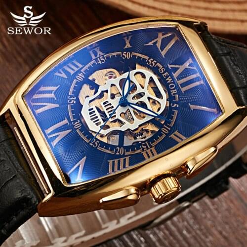 Skull Watches Men Mechanical Watches Sewor Automatic Mechanical Wristwatch Men Fashion Tonneau Watches Men Leather Band