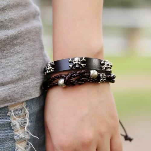 Punk Rock Skull Men Jewelry Adjustable Bracelet Wrap Alloy Skeleton Charms Vintage Weave Leather Bangle Fashion Women Wristbands