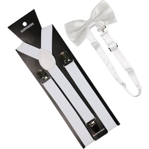 2019 New High Quality 2.5cm Wide White Men Womens Suspenders Bow Tie Set Solid Elastic Suspenders And Bowtie Shirt Braces