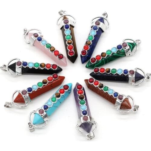 New Crystal Column Shape Natural Stone Pendant Seven Chakras Reiki Healing Metal Alloy Pendant Size 18x55mm