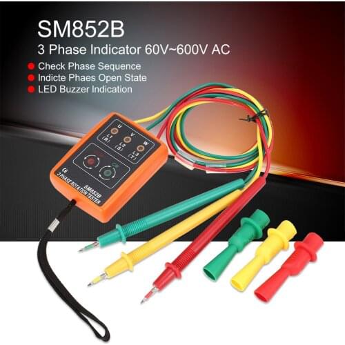 New SM852B 3 Phase Rotation Tester Digital Phase Indicator Detector LED Buzzer Phase Sequence Meter Voltage Tester 60V~600V AC