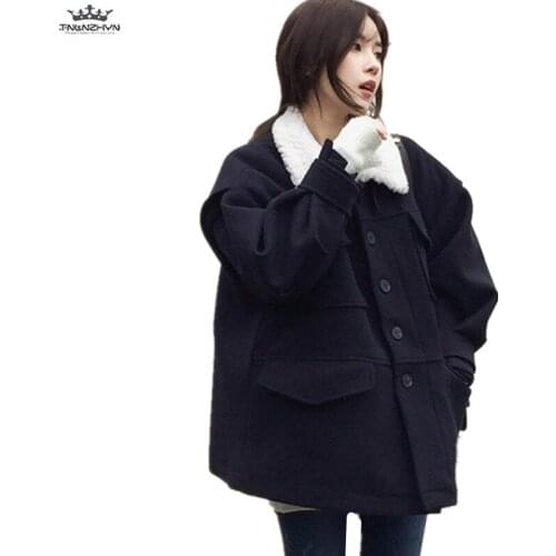 2019 Autumn Winter Loose Thick Women Woolen Coat Female Short Outerwear Student Large size Woolen Coat High-end Casual Jacket