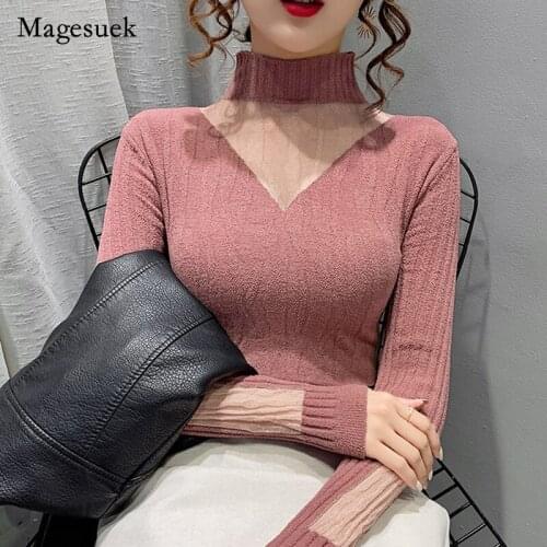 2021 Autumn Winter New Velvet Tops for Women Solid Half High Collar Lace Knitted Solid Shirt Sweet Mesh Sweater Blusas 16625