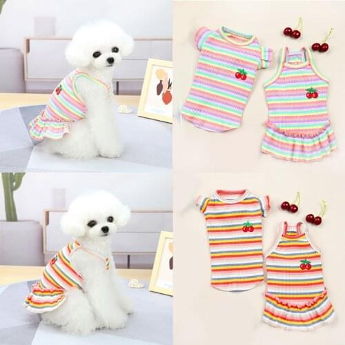 Dogs Dress Cherry Embroidery Striped Tosp Pet Summer Knitted Dog Dress Cute Dog Skirt Puppy Clothes Comfortable Pet T-shirt Tees