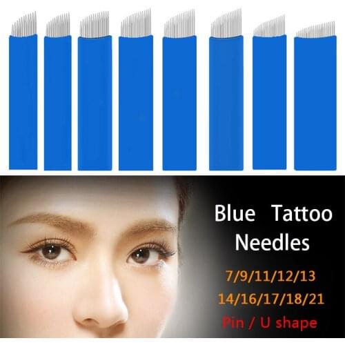 50Pcs Blue Tattoo Needles Permanent Makeup Manual Eyebrow Tattoo Needles Blade For 3D Embroidery Microblading Tattoo Pen Machine