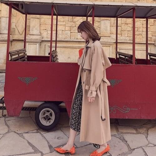 Classic Windbreaker Womens Long Section 2020 Spring and Autumn Korean New Double Breasted Loose Casual Popular Jacket Coat k874