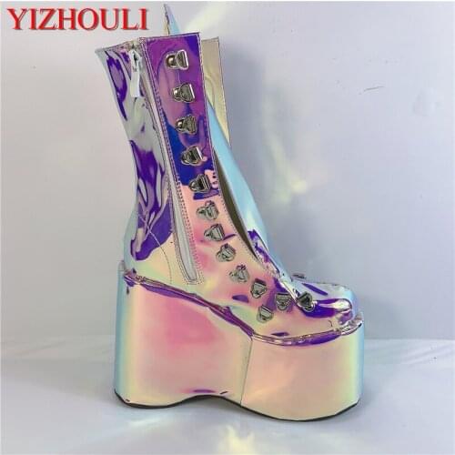 Magic purple 12.5cm fashion wedge heel, stage performance style, street style, sexy custom boots, model club ankle boots