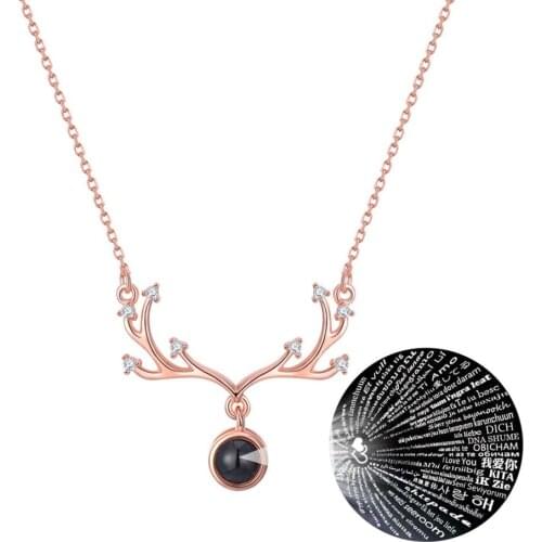 I Love You Mom Necklace in 100 Languages Antlers Elk Rose Gold Valentines Day Gift Projection Necklaces For Wife Daughter Box