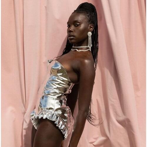 Women Jumpsuits-Shorts Pu Leather Ruffles Patchwork High Waist Solid Color Tube Top Sexy Backless Jumpsuits