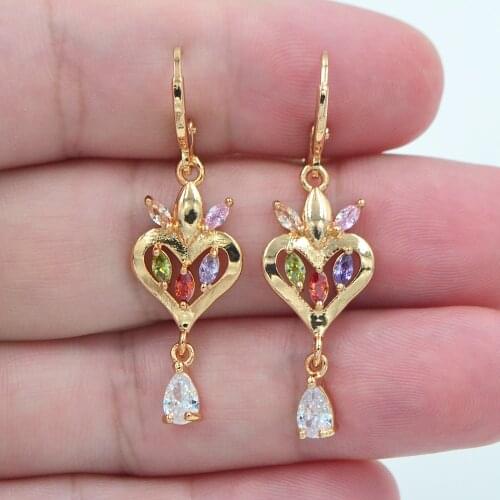 Fashion Jewelry Gold Color Colorful CZ Zircon Love Hearts Dangle Earrings for Women