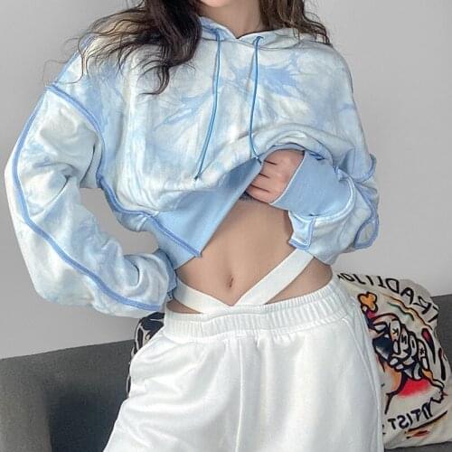 2021 Fashion Tie-Dye Print Sweatshirt Women Long Sleeve Pullover Hoodies Crop Top Casual Short Jacket Hooded Coat Streetwear