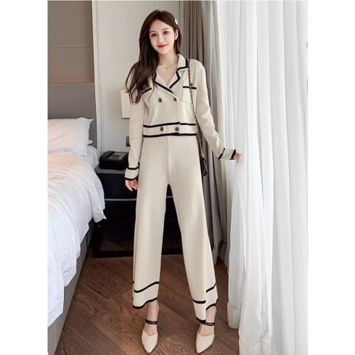 Autumn Winter Knitted Two Piece Set Women Double-breasted Long Sleeve Cardigan Sweater Top+Elastic Waist Wide Leg Pants Suits