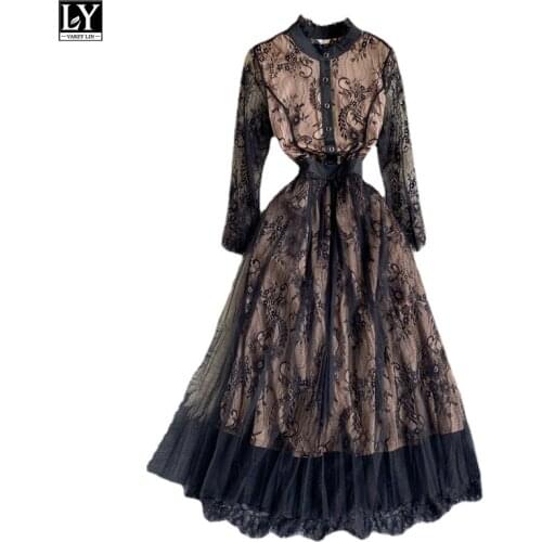 LY VAREY LIN Spring Autumn Women Elegant Lace Stand Collar High Waist Dresses Vintage Hollow Out Female A-line Mid Calf Dresses