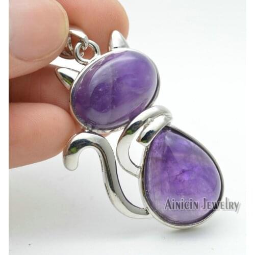 10pcs Purple Crystal Cut Cat Pendants For Necklace Making Pink Quartz Black Onyx Tiger Eyes Semi-precious Stone Jewelry