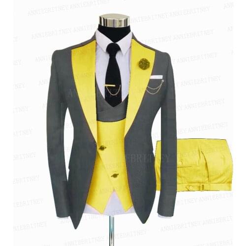 2021 Grey Suit Men 3 Pieces Tailored Best Man Groom Wedding Tuxedo Slim Fit Dinner Prom Party Blazer Suit Jacket Vest Pants Set