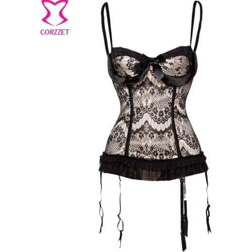 Beige Satin&Black Floral Lace Corset Overbust With Straps Push Up Corsets And Bustiers Sexy Gothic Lingerie Corselet Plus Size