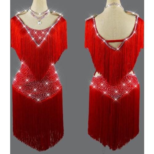 Sparkly Rhinestone Latin Dance Fringe Dress Women Professional Competition Clothes Samba Costume Salsa Red Tassel Skirt VDB2363