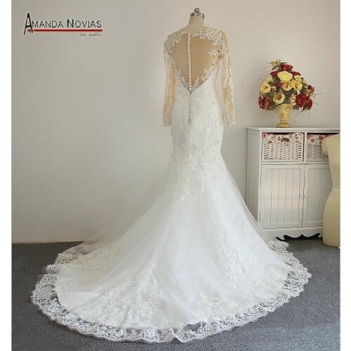 Brazilian Bride Covered Neck Income Lace Appliqued Pearls Luxury Wedding Dress 2019