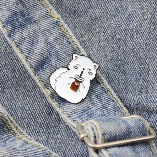 Cartoon cute animal cat drinking water love milk tea enamel brooch alloy badge cowboy clothes bag pin accessories women jewelry