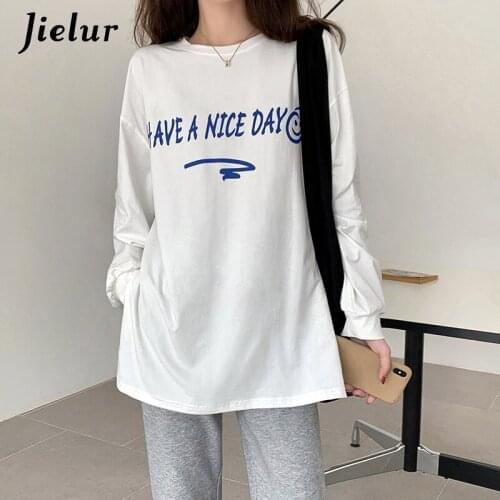 Jielur Korean Style Long Sleeve Letter T-shirt White Bottoming Shirt Women 2021 Autumn New Harajuku Loose Split Long Top Female