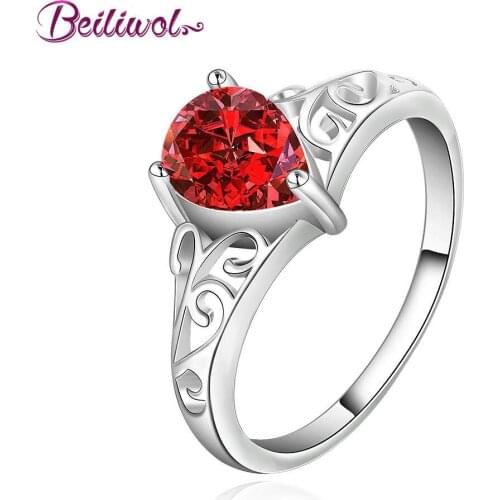 Wholesale 2018 Fashion Rings For Women Silver Color Gifts Students Red Stone Zirconic Waterdrop Leaf Ladies Jewelry