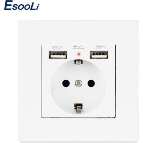 Esooli PC Plastic Panel Wall Socket Dual USB Charging Port 2.1A 16A Russia Spain Wall Socket EU Power Outlet