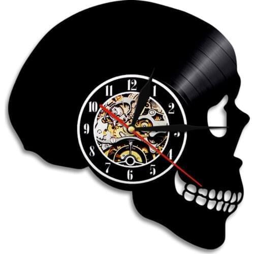 Hippie Skull Wall Clock Skull Vinyl Record Wall Clock With LED Illuminated Night Light Skeleton Head Coffee Decor Halloween Gift