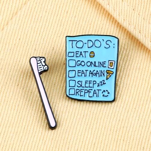 New Arrival Toothbrush Brooch EAT AGAIN SLEEP GO ONLINE REPEAT Enamel Pins Jeans Coat Lapel Pins Badges Jewelry Gift for Kids