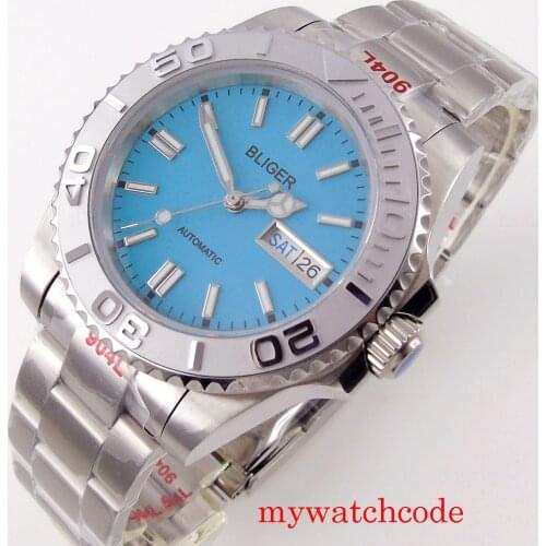 Bliger New Blue Dial 40mm Japan NH36A Sapphire Crystal Date Week Unidirectional Bezel Luminous Stainless Steel Strap SUB Watch