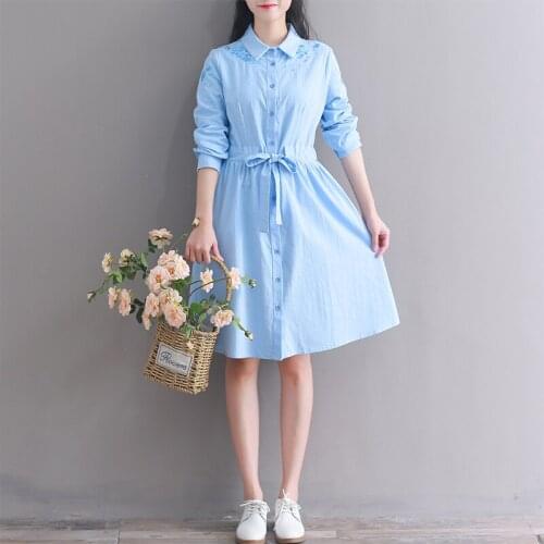 Autumn fashion cotton linen dress 2018 new long sleeve embroidered floral dress for women