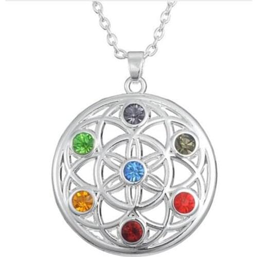 Flower of Life Buddha Infinity Feather 7 CHAKRA Crystal Symbol Pendant Necklace Buddhist Jewelry