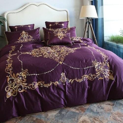 120S Egyptian Cotton purple Embroidery Luxury Bedding Set 4pcs King Queen Wedding Bed Sheet Cover set Duvet cover Pillowcase