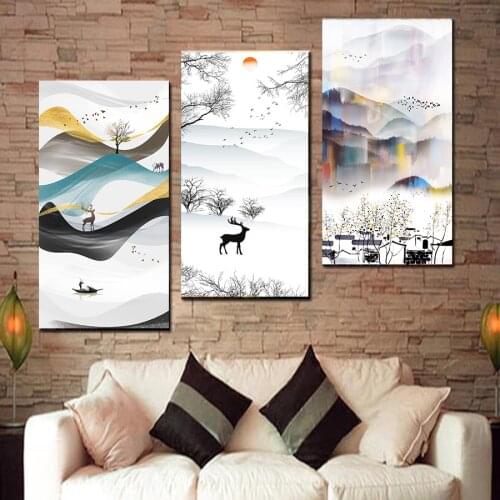 Gorgeous Sky Canvas Painting, Wild Goose, Crane Flying, Landscape Map, Mountain Deer Home Decoration Artistic Conception Poster